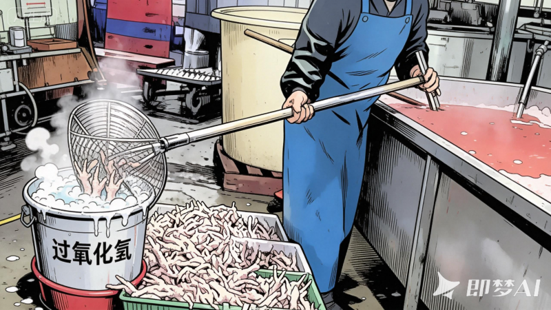 jimeng-2026-03-16-6179-将图片改为漫画风格，在脏乱差的工厂里，工人拿着抄网，从冒着白泡的令人恶心的桶里，...
